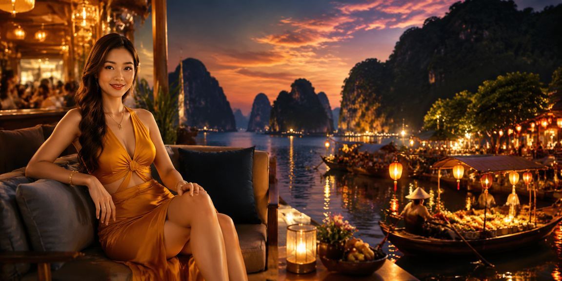 Không gian giải trí về đêm tại Vịnh Hạ Long với ánh đèn lễ hội sống động