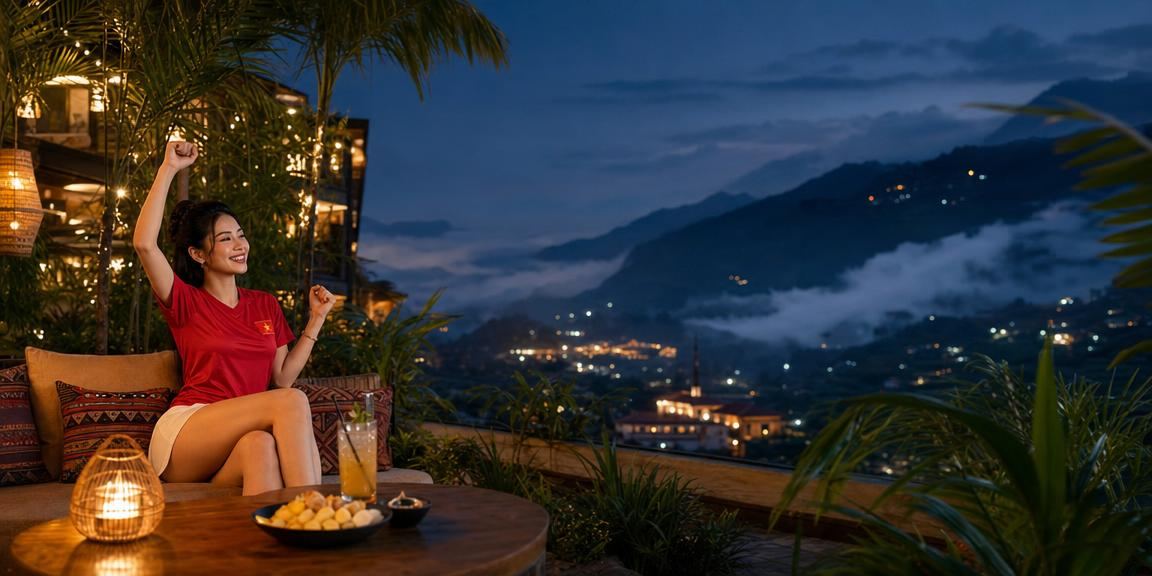 Người chơi casino tại Sapa trong khung cảnh núi rừng với ly cà phê trên tay